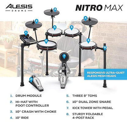 Alesis Nitro Max Kit Eight Piece Electronic Drum Kit with Mesh Heads and Bluetooth